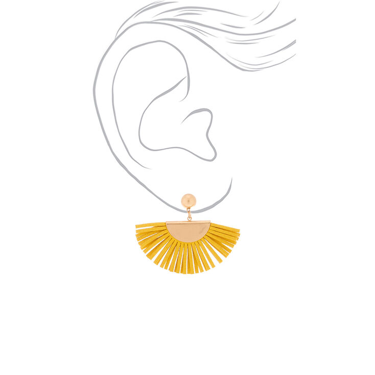 Gold Suede Fan Drop Earrings - Mustard,