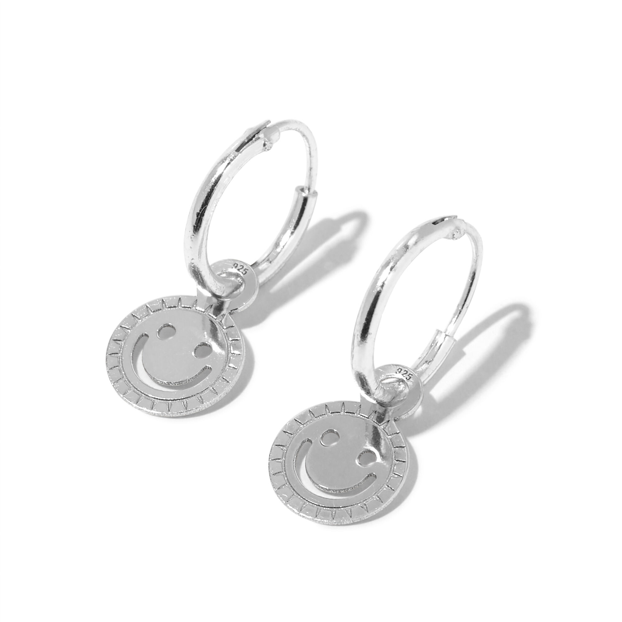 Sterling Silver 10MM Happy Face Huggie Hoop Earrings