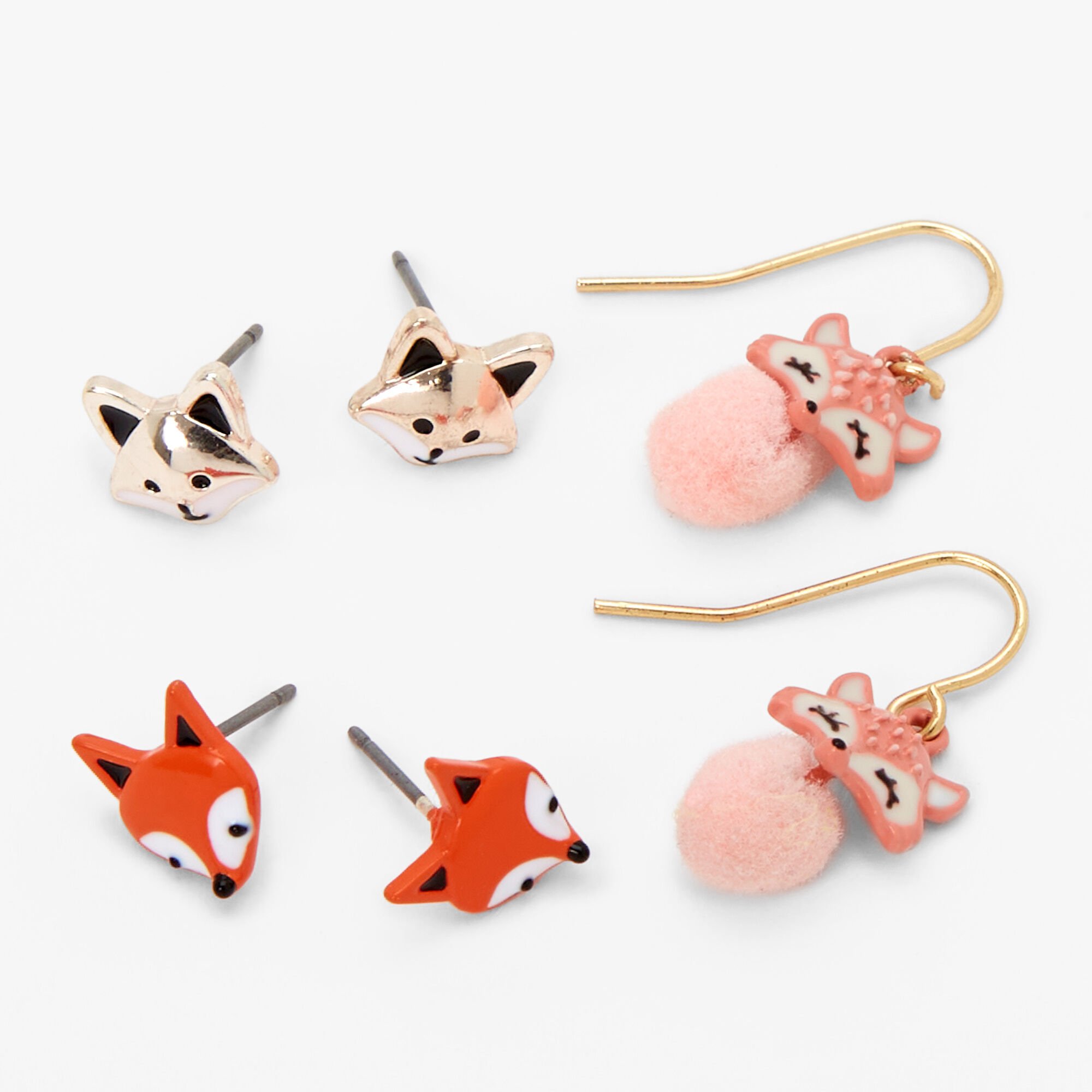 View Claires Mixed Metal Fox Pom Earrings 3 Pack information