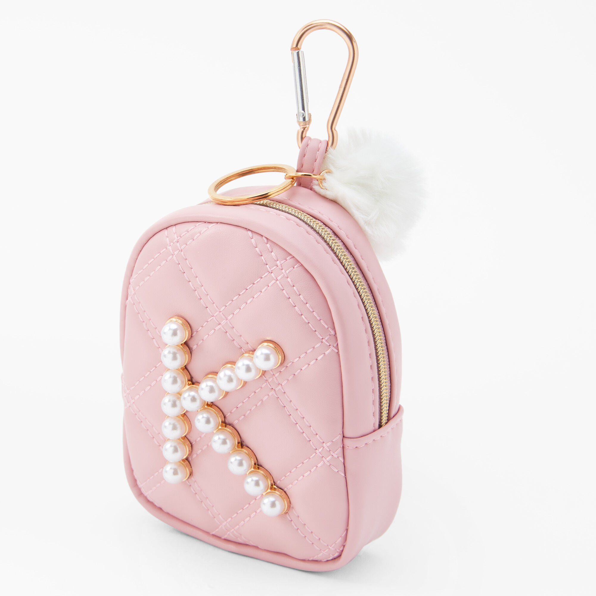 Claire's Mini porte-clés sac à dos perles d’imitation à initiale - Rose tendre, K