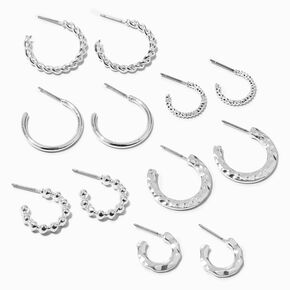 Silver-tone Textured Huggie Hoops - 6 Pack,