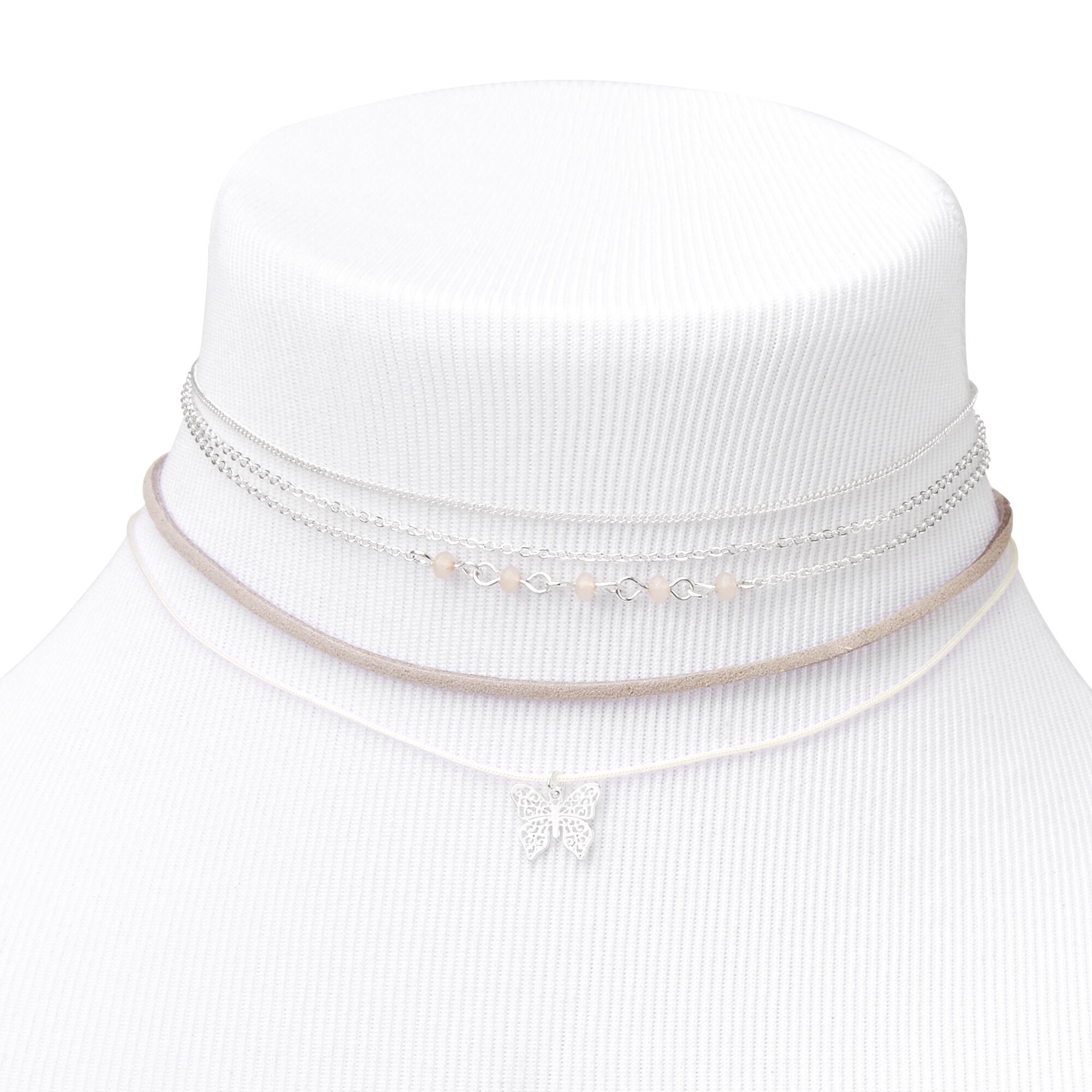 Silver Beaded Butterfly Choker Necklaces - Grey, 5 Pack,