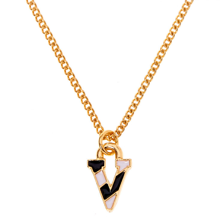 Gold Striped Initial Pendant Necklace - V,
