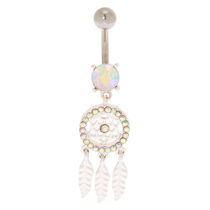 Silver-tone 14G Iridescent Stone Dreamcatcher Belly Ring,