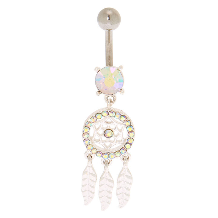 Piercing de nombril attrape-r&ecirc;ves en pierre iris&eacute;e couleur argent&eacute;,