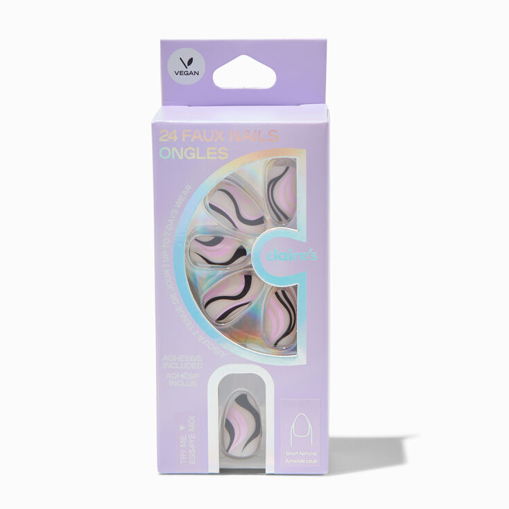 Black &amp; Purple Swirl Almond Vegan Faux Nail Set - 24 Pack,
