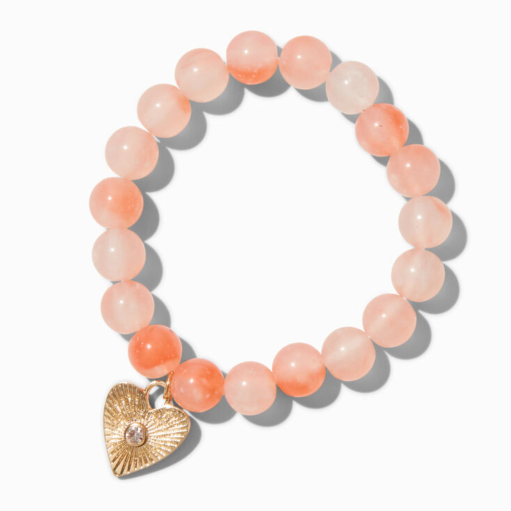 Gold-tone Textured Heart Charm Beaded Stretch Bracelet,