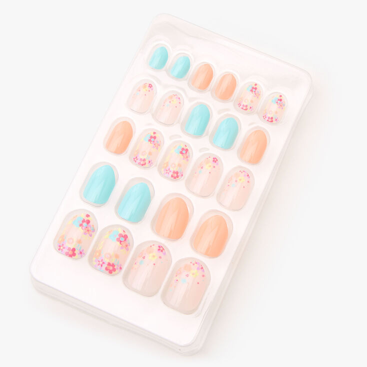 Floral Stiletto Press On Faux Nail Set - Mint/Coral, 24 Pack,