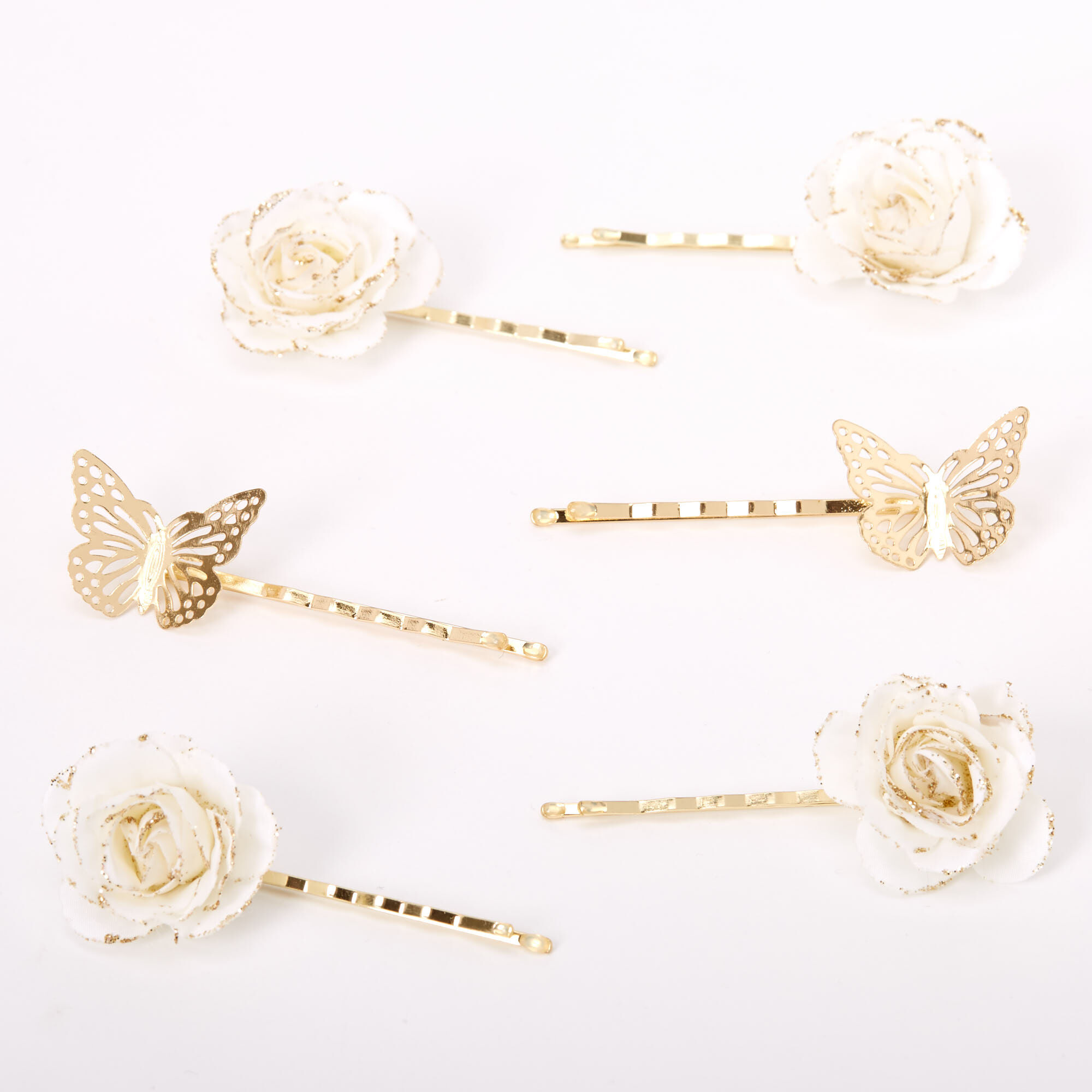 View Claires Butterfly Flower Hair Pins White 6 Pack Gold information