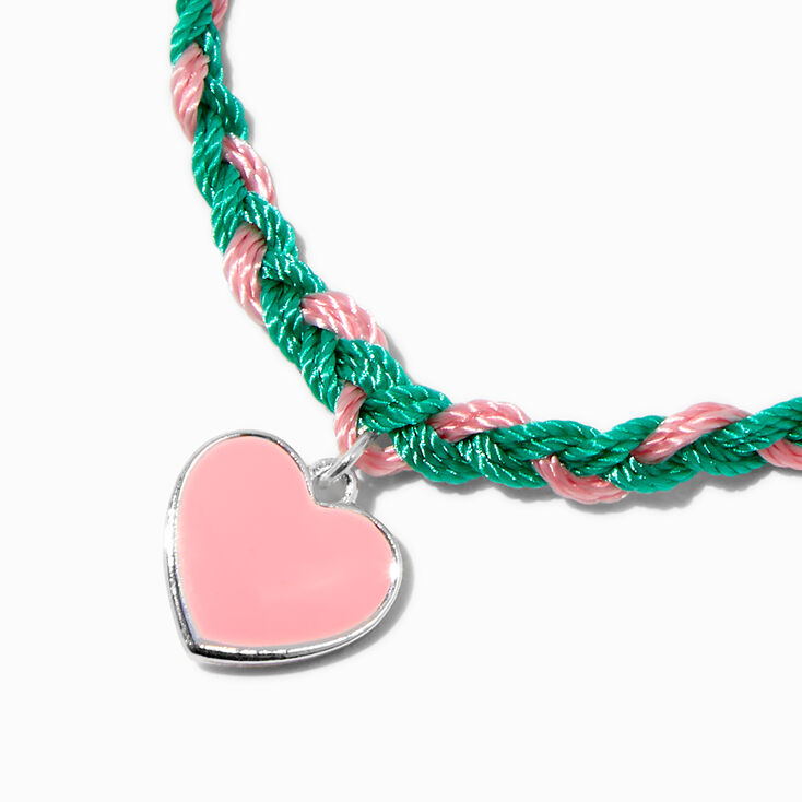 Green &amp; Pink Heart Braided Adjustable Bracelet ,