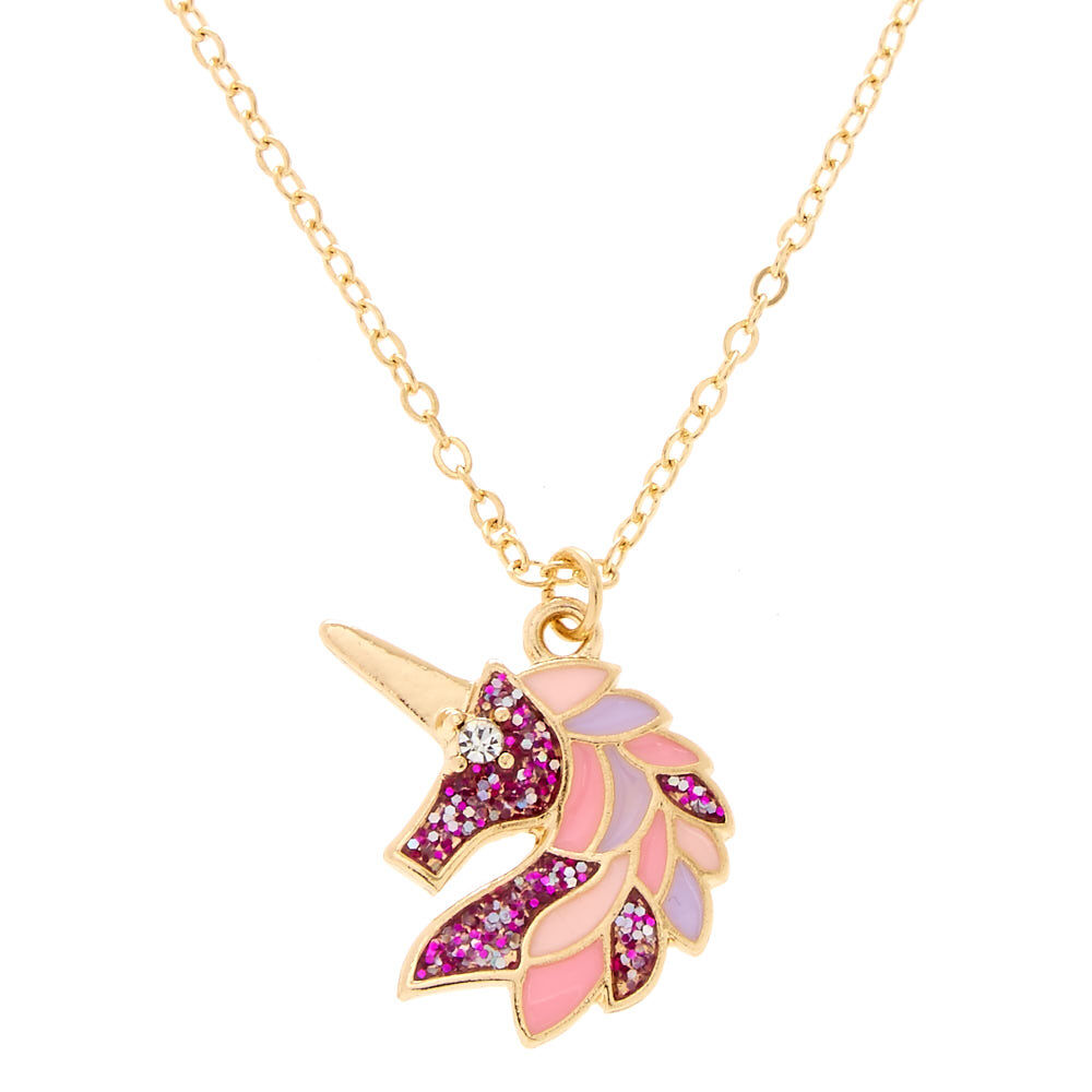 Gold Tone Pink Glitter Unicorn Pendant Necklace Claire s US