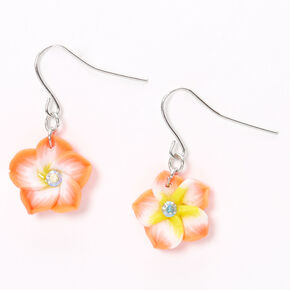 Silver 1&quot; Hibiscus Flower Drop Earrings - Coral,