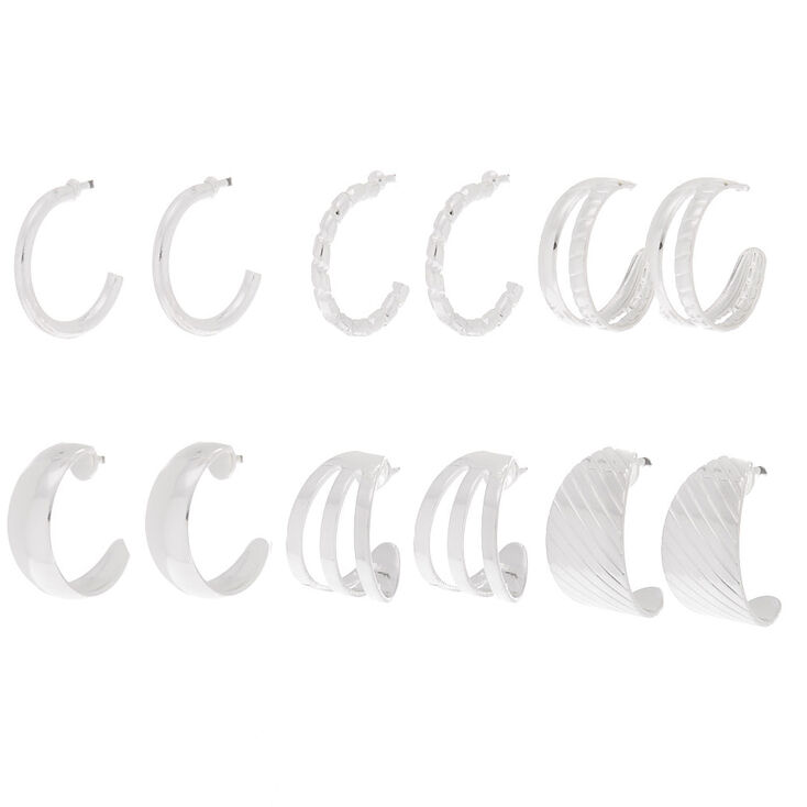 Silver Textured Mini Hoop Earrings - 6 Pack,