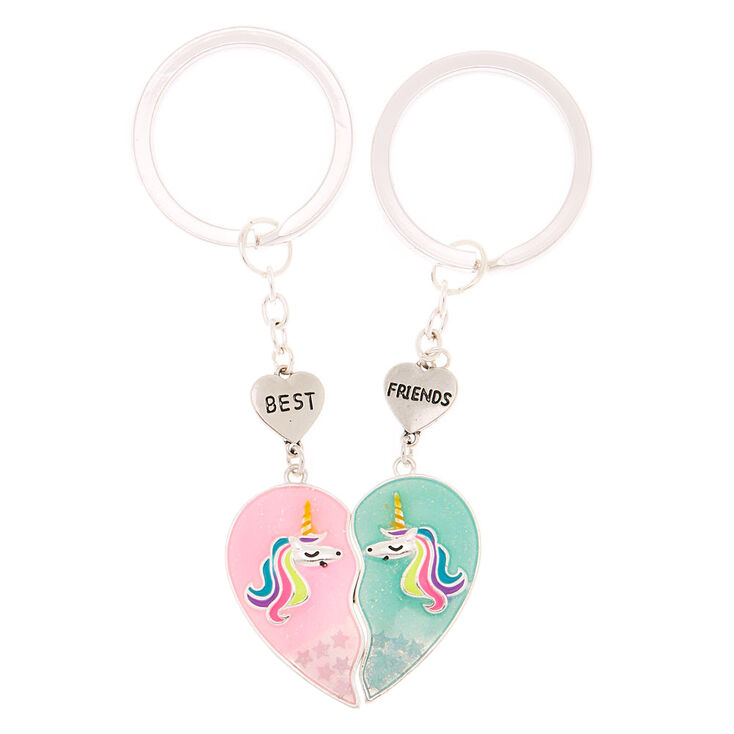 Set of Adorable Matching Unicorn Best Friends Silver Keychains Pink