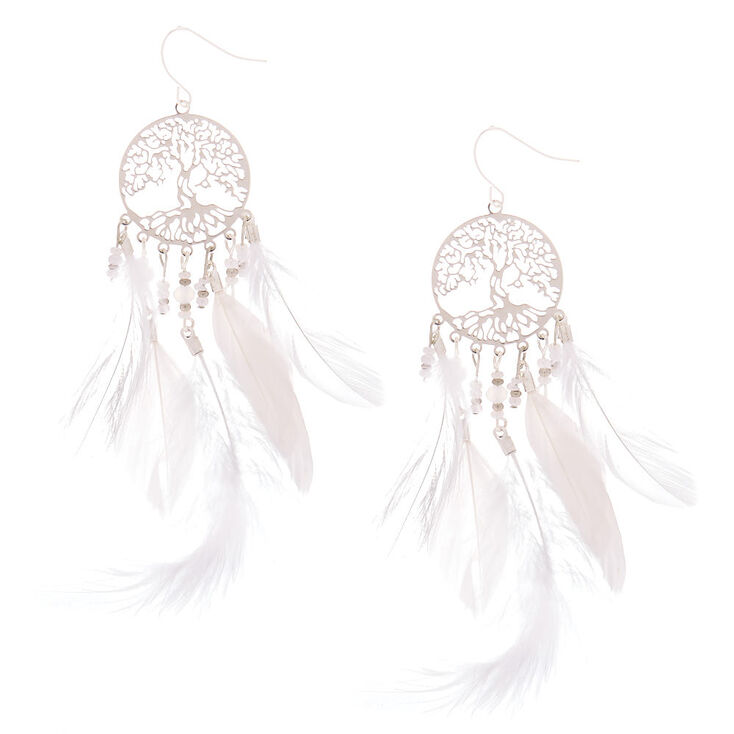 Silver 4&quot; Tree Dreamcatcher Feather Drop Earrings,