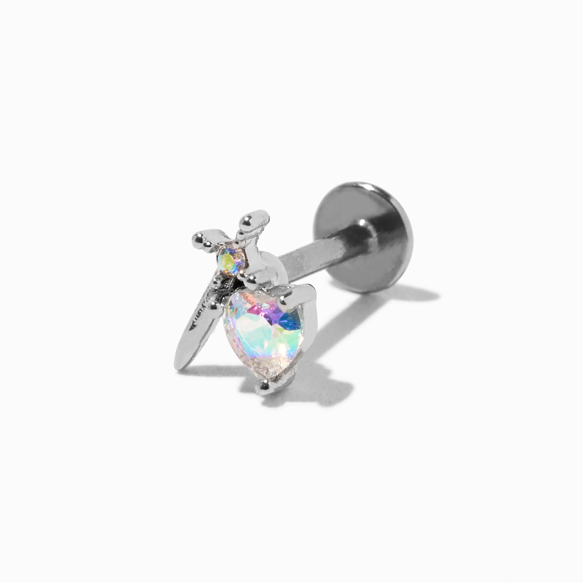 Silver tone Dagger Crystal Heart Tragus Flat Back Earrings