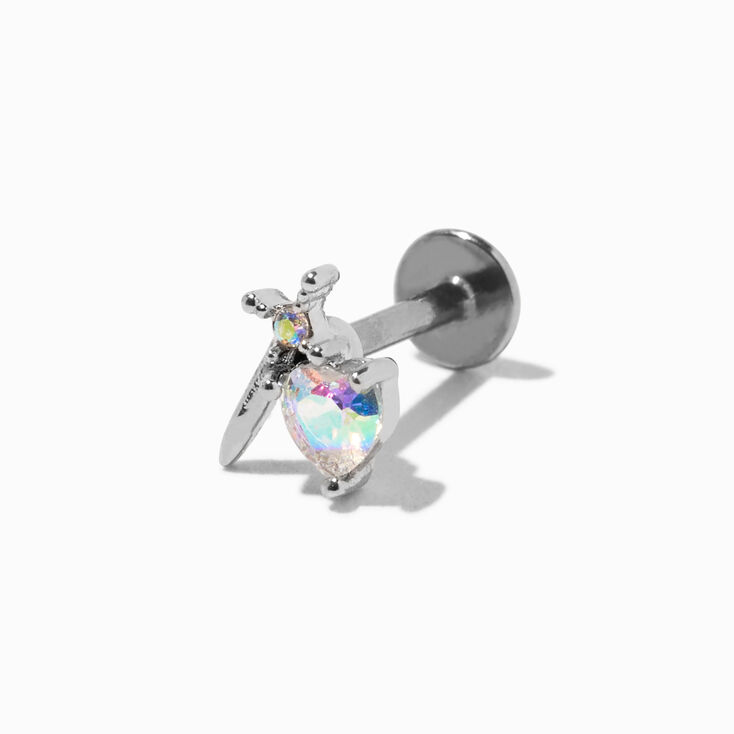 Boucles d&rsquo;oreilles &agrave; arri&egrave;re plat pour piercing tragus c&oelig;ur strass dague couleur argent&eacute;e,