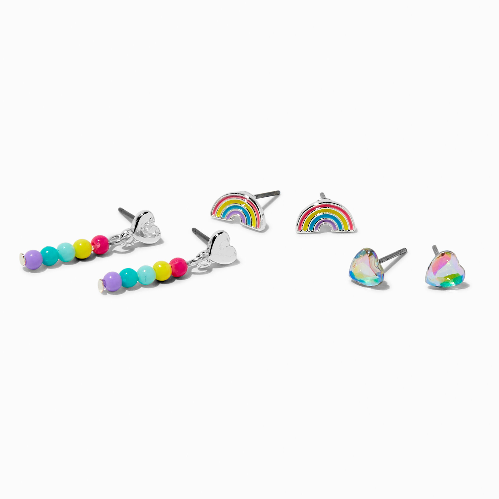 View Claires Rainbow Heart Mixed Earring Set 3 Pack Silver information