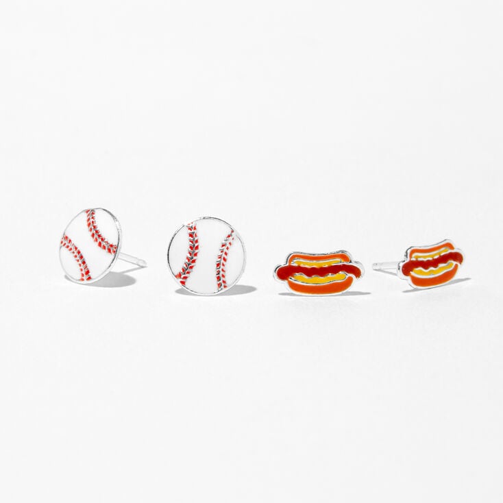 Sterling Silver Play Ball Baseball Stud Earrings - 2 Pack,