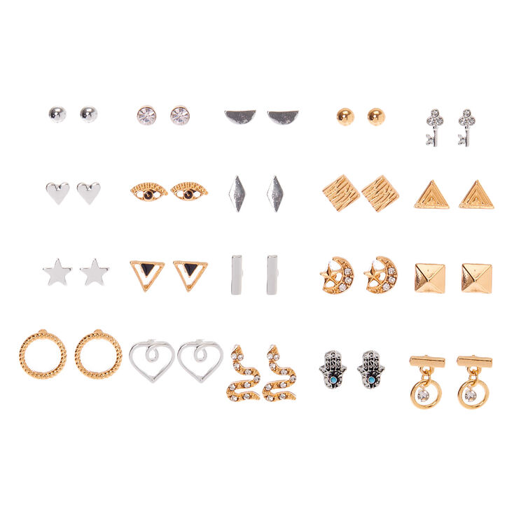 Mixed Metal Mystical Shapes Stud Earrings - 20 Pack,