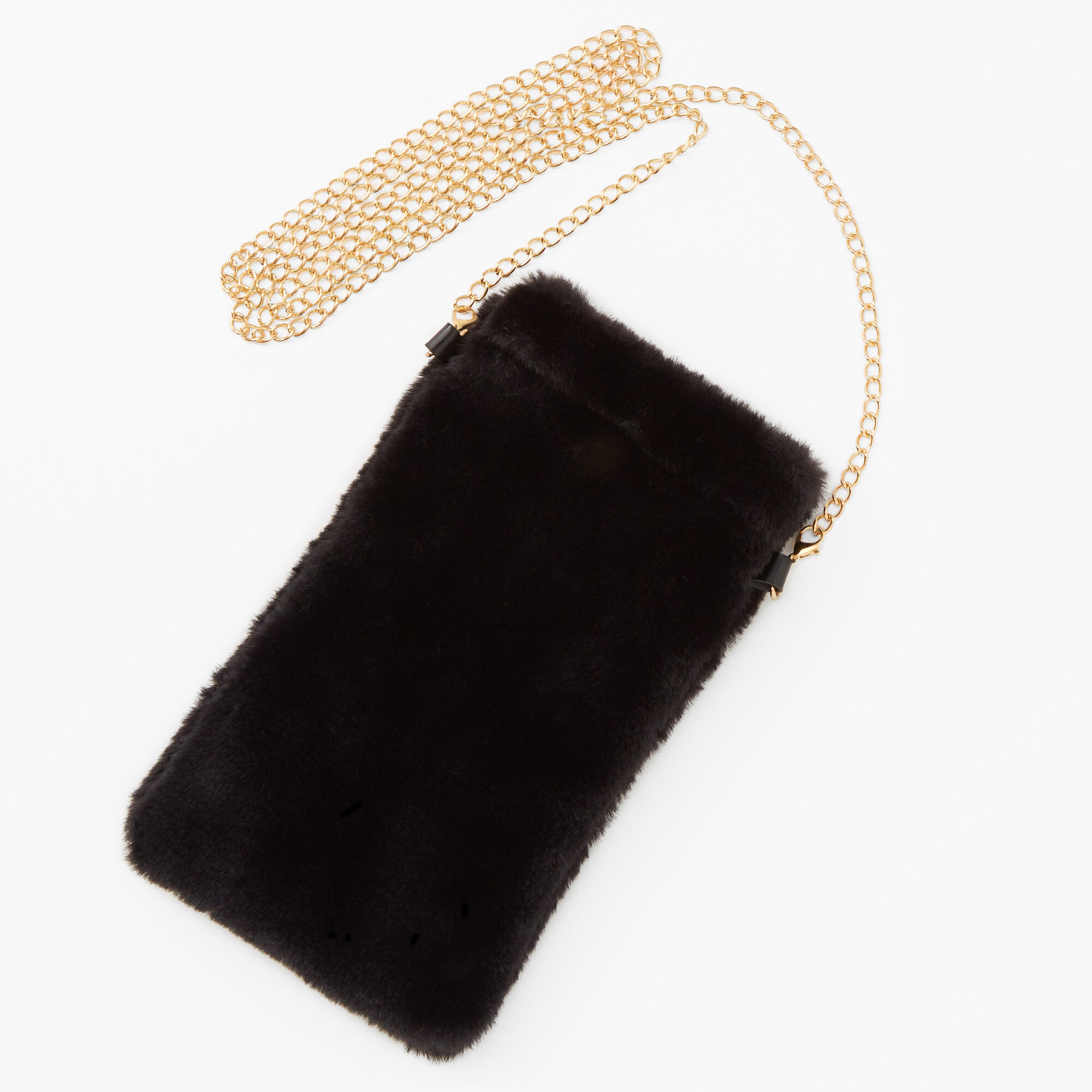 Claire's Pochette pour portable en fausse fourrure noire avec chaîne