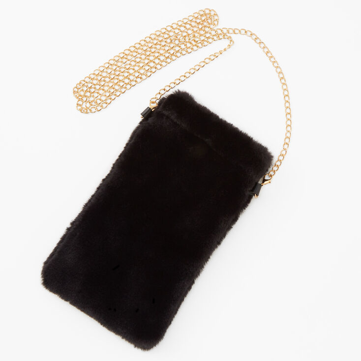 Black Furry Phone Pouch with Chain,