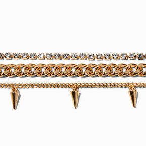 Gold-tone Crystal Cup Chain Spike Bracelets - 3 Pack ,