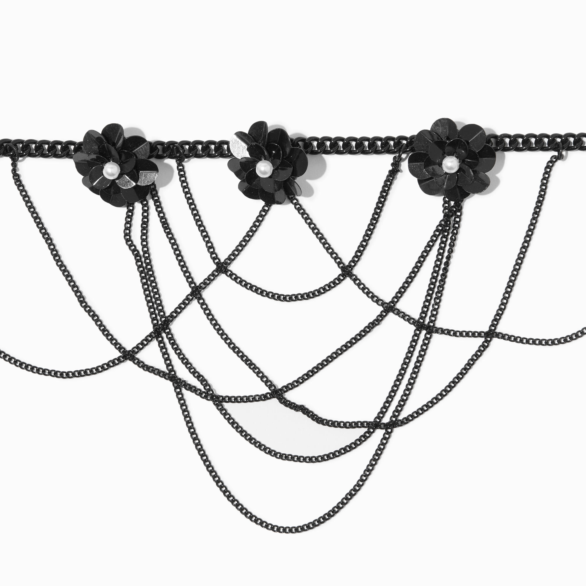 View Claires Sequin Flower Chain Drape Choker Necklace Black information