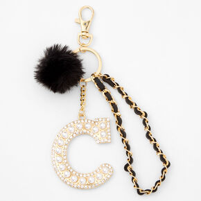 Gold Bling Initial Pom Pom Keychain - Black, C,