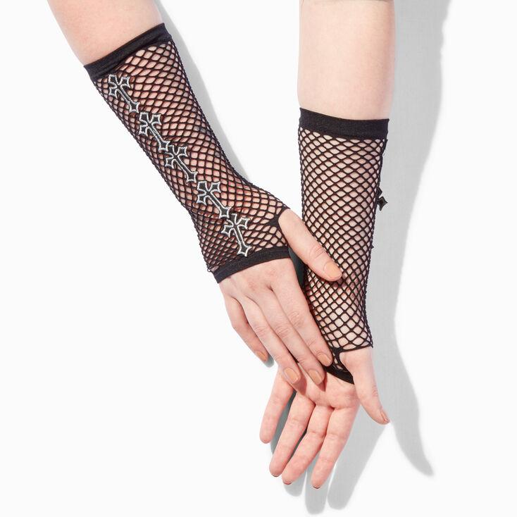 Gothic Cross Black Fishnet Fingerless Gloves