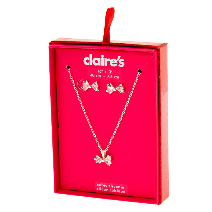Claire's Coffret cadeau parure de bijoux nœud en zircon cubique d'imitation couleur argenté - Lot de 2