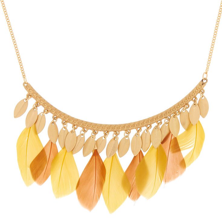 Claire's Collier volumineux barres et plumes jaunes couleur doré