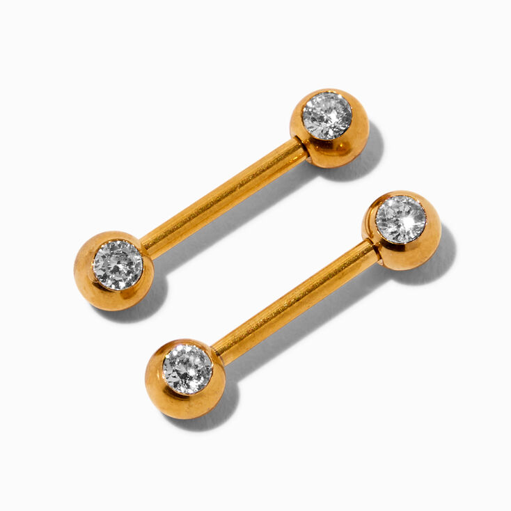 Gold-tone Titanium 14G Crystal Nipple Bars - 2 Pack,