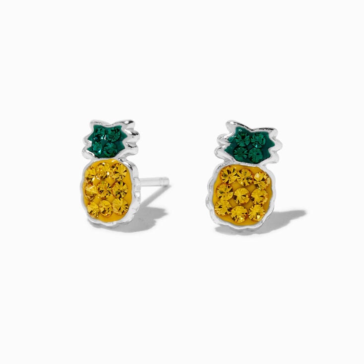 Clous d&#39;oreilles ananas avec strass couleur argent&eacute;e,