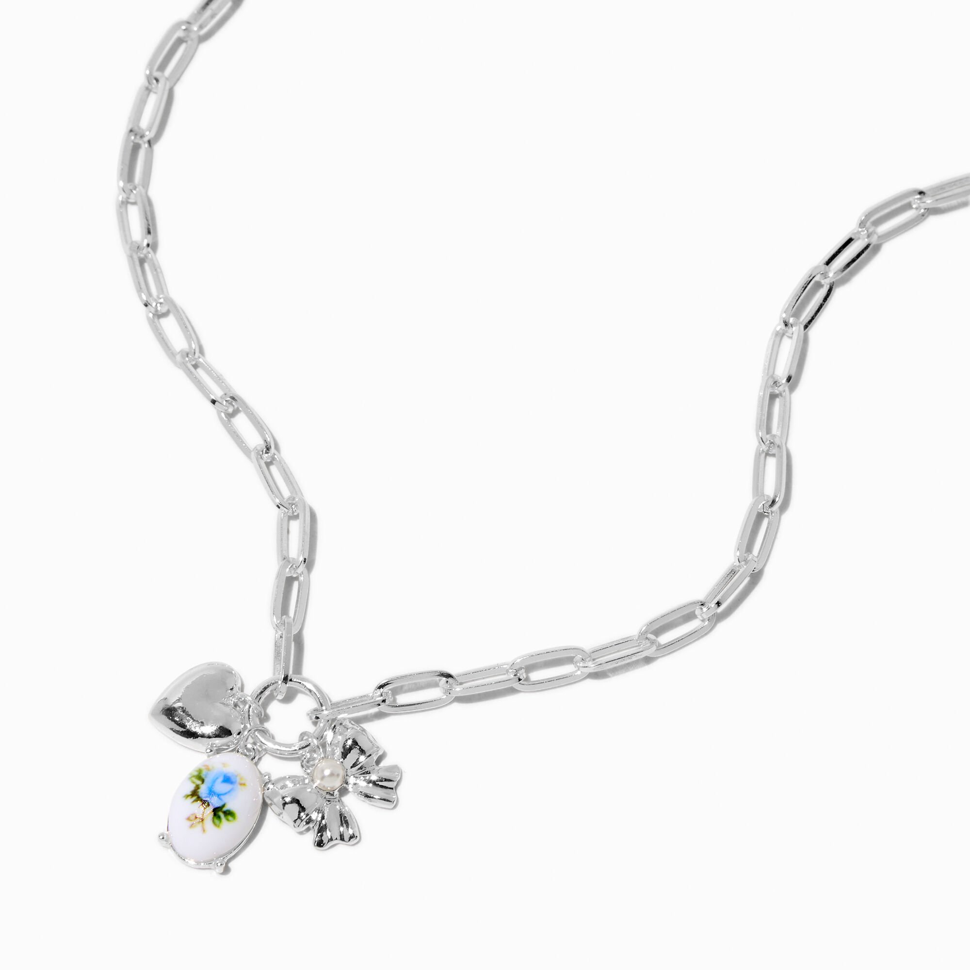Silver-tone Blue Flower Bow Charm Necklace,