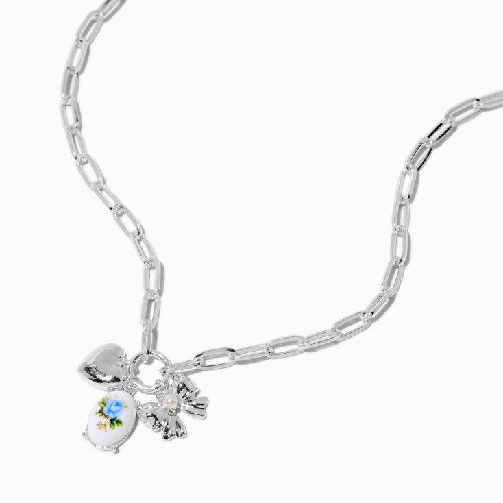 Silver-tone Blue Flower Bow Charm Necklace,