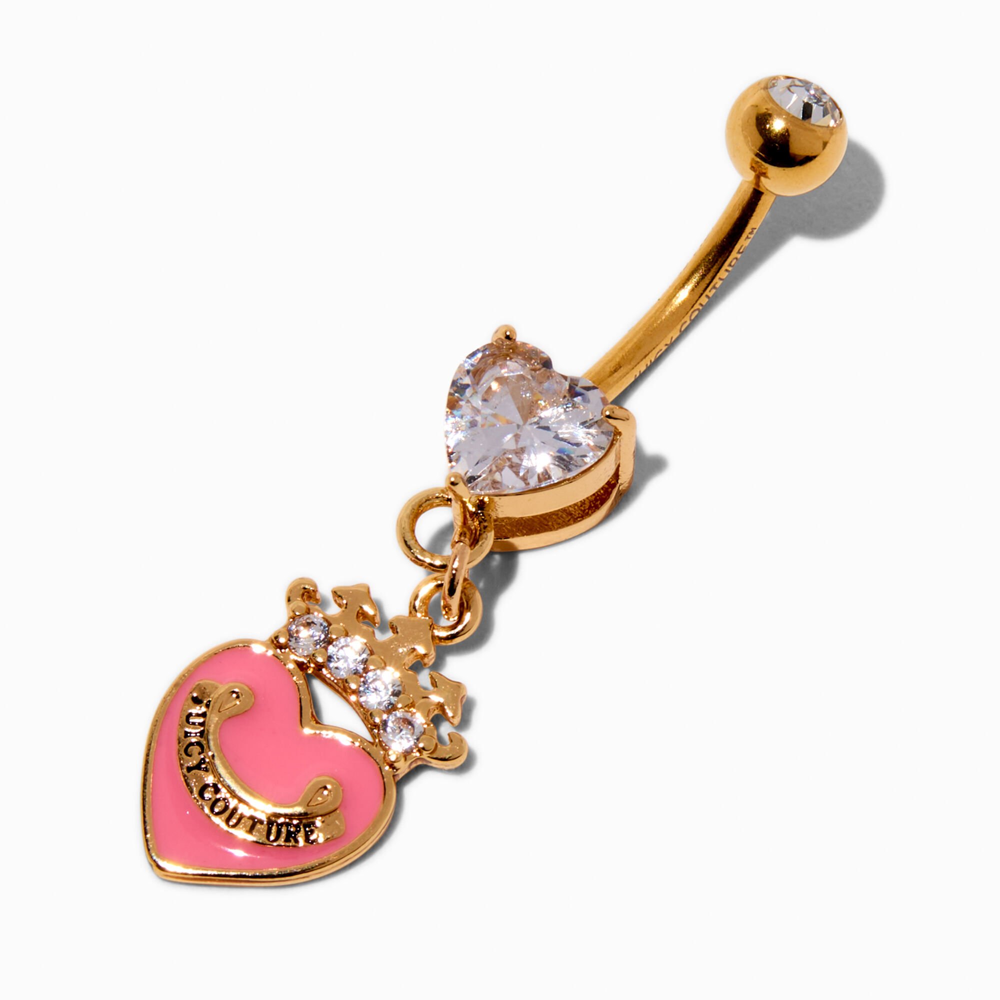 Juicy Couture Gold-tone Stainless Steel Pink Heart & Crown Dangle 14G Belly Bar,