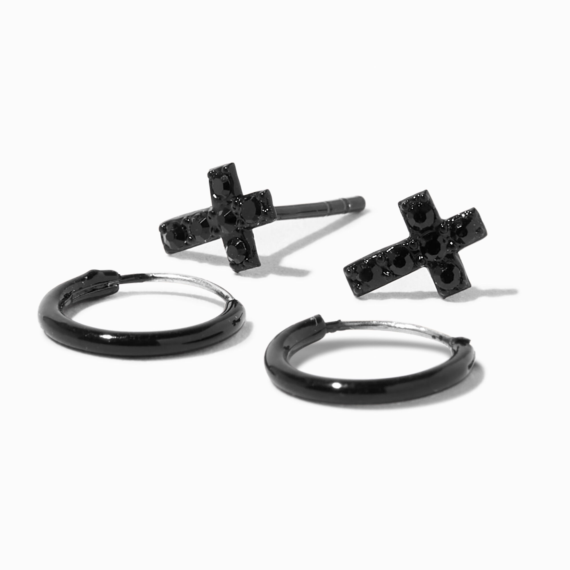 View Claires Titanium Cross Hoop Earrings 2 Pack Black information