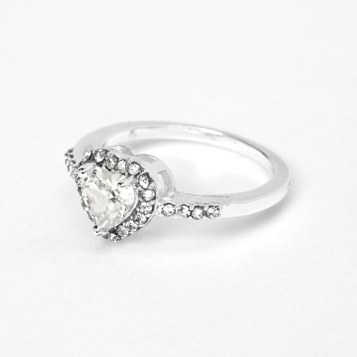 Silver Cubic Zirconia Halo Heart Ring,