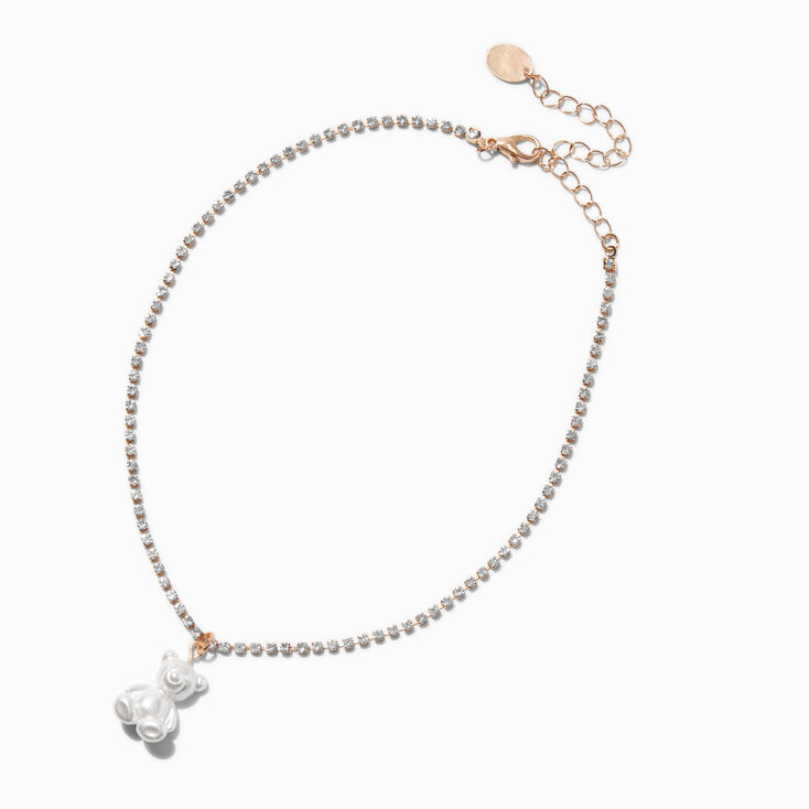 Gold-tone Pearlized Bear Pendant Choker Necklace,