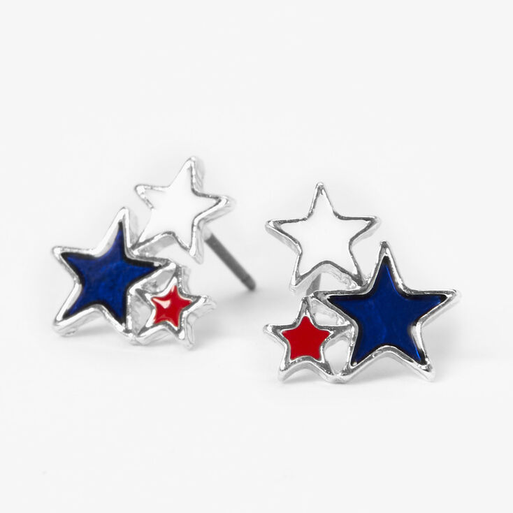 Patriotic Red, White, &amp; Blue Triple Star Stud Earrings,