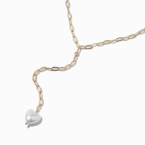 Gold-tone Paperclip Faux Pearl Heart Y-Neck Necklace,
