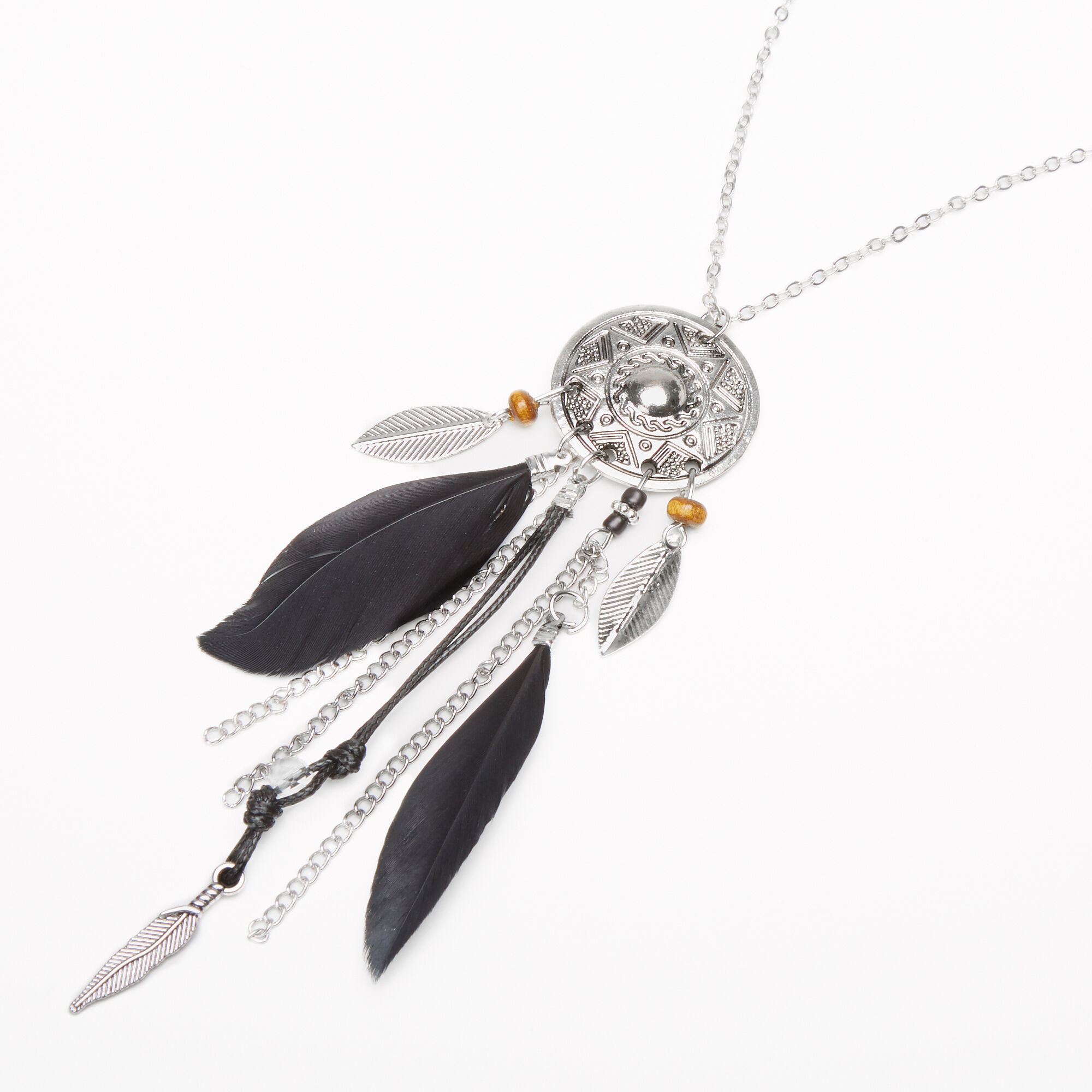 Silver Feather Medallion Long Pendant Necklace - Black,