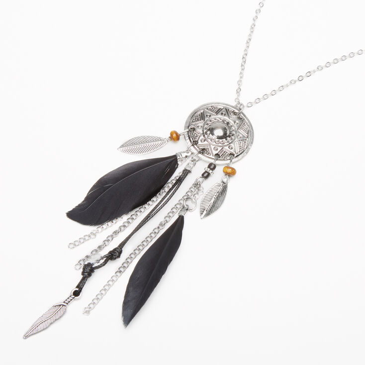 Silver Feather Medallion Long Pendant Necklace - Black,