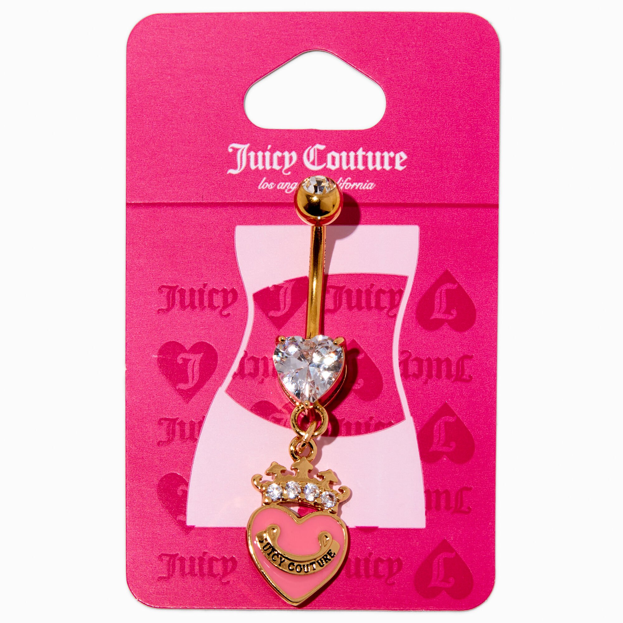 Juicy Couture Gold-tone Stainless Steel Pink Heart & Crown Dangle 14G Belly Bar,