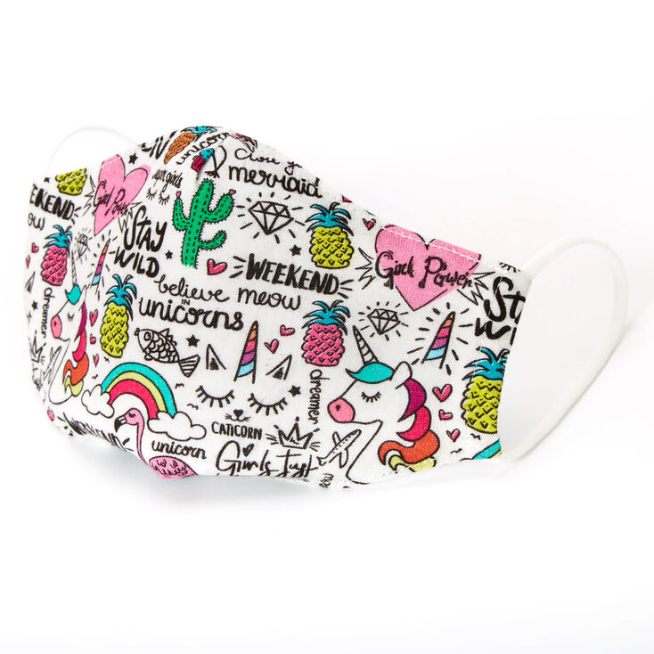 Claire's Masque en coton blanc avec imprimé dessins - Enfant : petite taille/taille moyenne