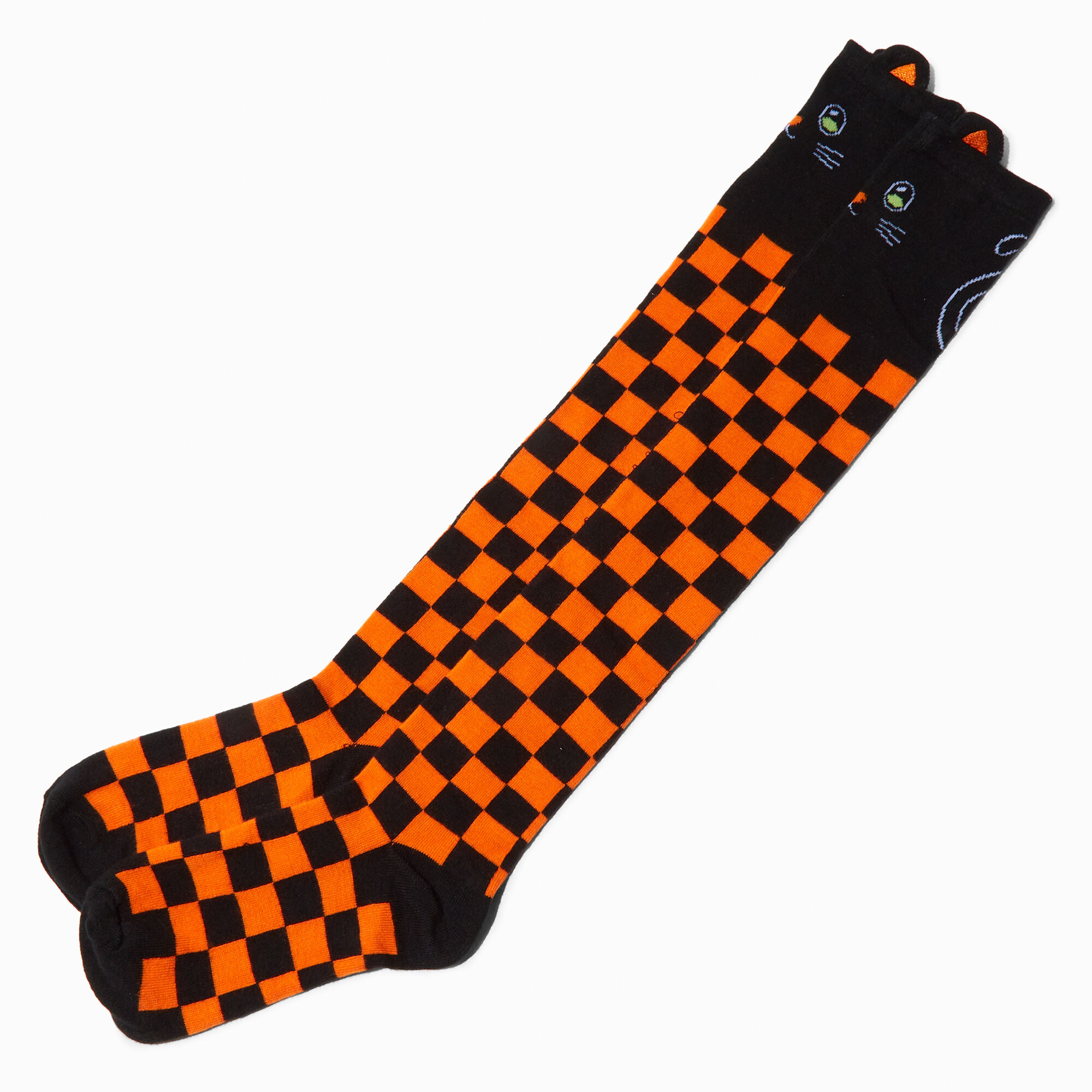 View Claires Black Checkered Cat Over The Knee Socks Orange information