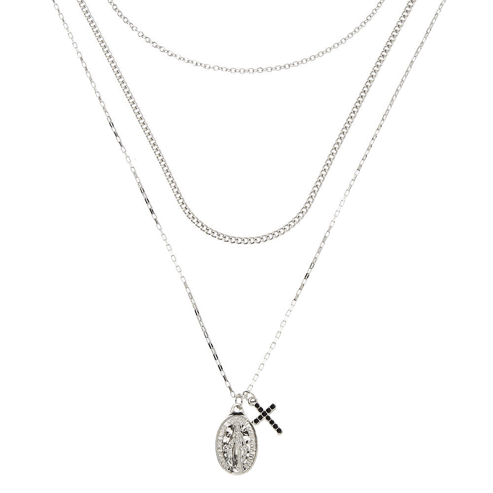 Silver Rosary Multi Strand Necklace,