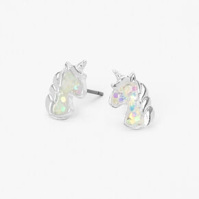 Silver Iridescent Unicorn Head Stud Earrings,