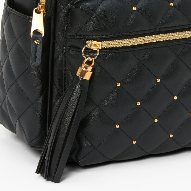 Black Faux Leather Gold Pearl Studded Backpack,